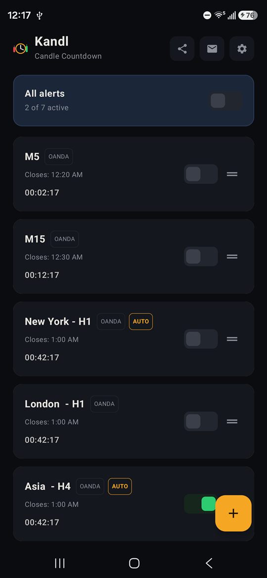 Kandl home screen with alerts and countdown